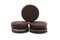 Oreo Biscuits isolated on white. Pile of sandwich chocolate cookies different filling with sweet cream, Peanut butter a