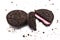 Oreo Biscuits some cracked and crumbs on white. It is a Biscuits Chocolate sandwich cookies with strawberry flavored cr