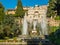 Organ Fountain with a rainbow in the water jets at Villa D`Este in Tivoli, Italy