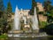Organ Fountain with a rainbow in the water jets at Villa D`Este in Tivoli, Italy