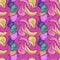 Organic abstract summer seamless pattern with contoured bananas, apples, plums and pears. Lilac background