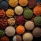 Organic abundance Variety of grains and legumes, top view collage