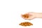 organic almond nuts with hand, healthy quick snack concept