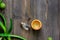 Organic aloe vera cosmetics. Aloe vera leafs and spa lotion on wooden table background top view copyspace