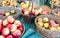 Organic apples in baskets in market, Paris, France