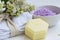 Organic beauty spa with natural thyme soap and cotton towels, ba