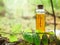 Organic bio alternative medicine, Herbal medicine., bottles of healthy essential oil or infusion and dry medicinal herbs