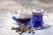 Organic blue tea Anchan, Clitoria, Butterfly Pea in glass cup an