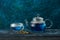 Organic blue tea Anchan, Clitoria, Butterfly Pea in a teapot and a cup