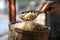 Organic boiled brown rice on Wicker basket