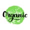 Organic brush lettering. Hand drawn word organic with green circle. Label, logo template for organic products, healthy