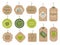 Organic cardboard labels. Eco paper badges, green farm nature product price shop tags with ecologic emblems. Vintage bio
