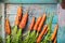 Organic Carrots Lies Wooden Blue Background Rustic