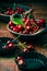 Organic cherries in bowl with baking pan on kitchen table