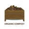 Organic compost. Cartoon wooden box with ground and food garbage. Zero waste theme. Illustration of bio, organic fertilizer,