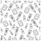Organic cosmetic seamless doodle pattern. Cartoon make up background with lipstick, mirror, creame. Black and white