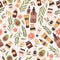 Organic cosmetics vector flat seamless pattern. Bottles, jars and bags with natural cosmetics, herbs, flowers.