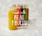 organic detox smoothies in bottles standing in row, made with real fruits inscription