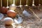 Organic ecological eggs in chicken coop in the morning easter spring abstract background