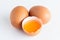 Organic eggs are peeled off and see the fresh egg yolk.