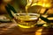 Organic extra virgin olive oil being poured from a glass jar into a bowl