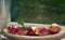 Organic Fall Apples in a Bowl on Window Sill with Natural Light coming from Backyard area above with copy space