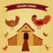 Organic farm funny cartoon label with family chicken: cock, hen with chickens, hen house.