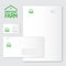 Organic farm logo. Organic food emblems. Green letters as house. Identity. Blank, business card, envelope.