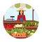 Organic farm products flat concept icon. Markers market stall sticker, clipart. Summer outdoor store with eco vegetables.