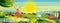 Organic farm vector illustration with sun, green hills, village buildings, fields, mill, wind turbine.