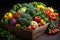 Organic farmers market, fresh vegetables in wooden boxes - vegetarian vegan food background