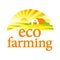 Organic farming illustration, farm house, field and sun logo template