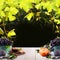 Organic food background with fruits, green grape leaves and white wooden table