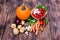 Organic food. Harvest of fresh vegetables.Autumn vegetables on a wooden table. Pumpkin season