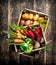 Organic food. Harvest of fresh vegetables in old boxes.