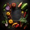 Organic Food's Fresh and Delicious Ingredients: Healthy Cooking with Farmer Vegetables on a Black Chalkboard Background.