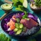 Organic food: tuna poke bowl with rice, fresh cucumbers, red cabbage and avocado close-up. Generative. AI.