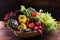 Organic fresh vegetables in basket on dark wooden background, healthy food and clean eating concept