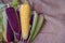 Organic and fresh yellow corn and Siam ruby, purple corn is a type of sweet corn is placed on the sack cloth.The taste is sweet