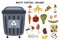 Organic garbage sorting set. Grey trash can for organic waste with rotten fruits