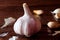 Organic garlic bulb isolated over rustic wooden kitchen table. Condiment harvested fresh from plantation. Closeup view