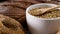 Organic grain in white bowl with wooden spoon and baking products. Close up