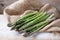 Organic green asparagus Asparagus officinalis fresh from the market on coarse burlap and rustic wood, copy space