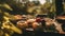 Organic grilled appetizer on rustic wooden plate, selective focus foreground generated by AI