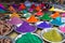 Organic Gulal colours in bowl for Holi festival, Hindu tradition festive. Bright vibrant pigment closeup