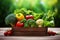 Organic harvest wooden box filled with freshly picked vegetables on sunlit outdoor table