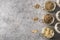 Organic hemp seeds, flour, kernels in glass jar on grey background. View from above. Copy space