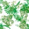 Organic Hibiscus Design. Natural Flower Wallpaper. Green Seamless Jungle. Watercolor Backdrop. Pattern Decor. Greenery Tropical Wa