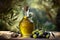 Organic homemade olive oil bottle on blurred defocused background, copy space for text placement