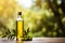 Organic homemade olive oil bottle on blurred defocused background with copy space for text placement